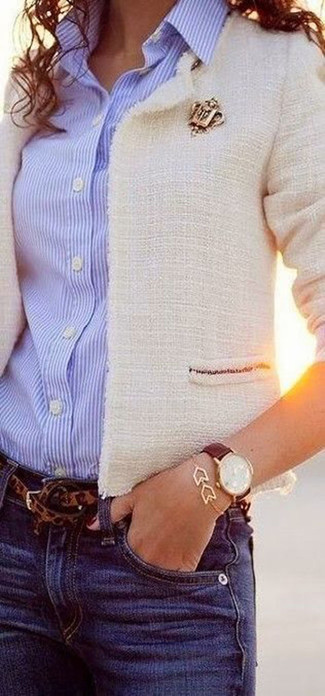 White Tweed Jacket Outfits For Women: This getup with a white tweed jacket and blue jeans isn't super hard to score and is open to more creative experimentation.