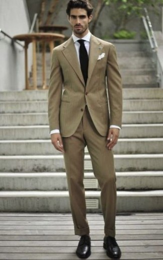 Tan Striped Wool 2 Button Suit With Flat Front Pants