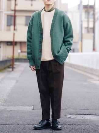 Green Wool Mohair Contrast Line Cardigan