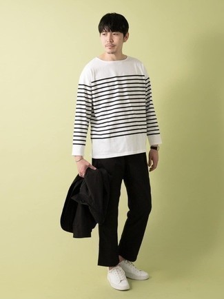 Long Sleeve T Shirt With Stripe In White