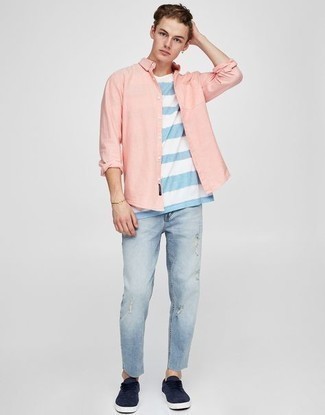 Striped Pattern Contrasting Collar T Shirt