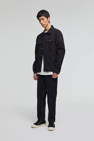 Denim Jacket With Fleece Collar In Black Wash