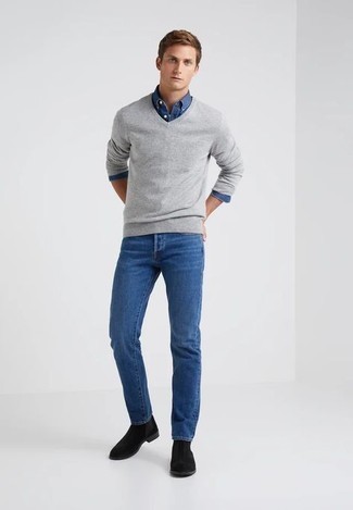 Grey Wool Long Sleeved V Neck Sweater