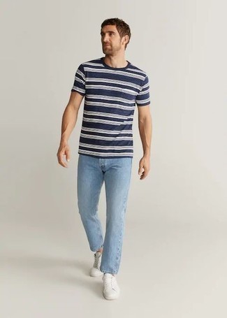 Navy And White Patch Striped T Shirt