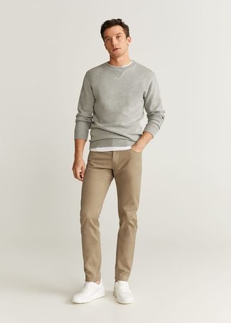 Beige Tapered Utility Jeans