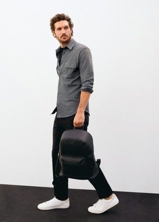 Black Grained Leather Safety Buckle Backpack