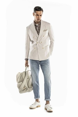 White Double Breasted Skinny Fit Tux Jacket
