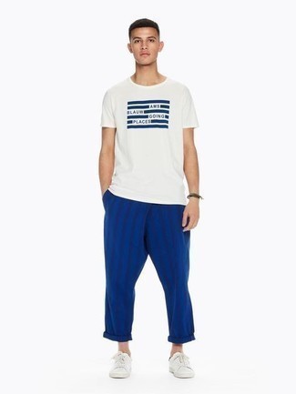 Blue And White Striped Single Knee Trousers