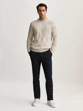 Off White Wool Cable Knit Crewneck Sweater