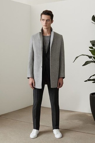 Light Grey Wool Blend Zip Topcoat