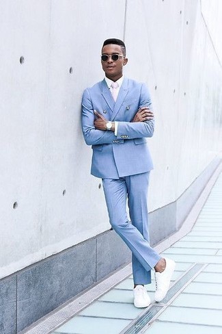 Light Blue Striped Cotton Blend Two Button Suit With Flat Front Pants
