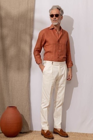 Linen Long Sleeve Sport Shirt Orange