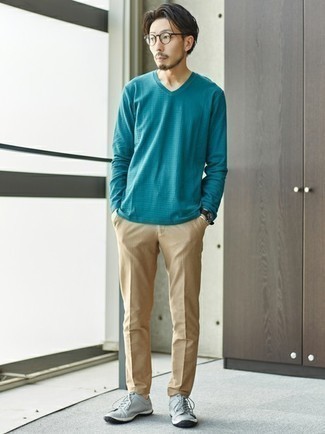 Men's Teal V-neck Sweater, Khaki Chinos, Grey Canvas Low Top Sneakers, Clear Sunglasses