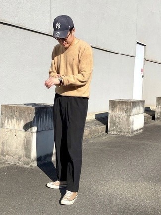 Grey Print Baseball Cap Outfits For Men: For an ensemble that's super straightforward but can be styled in plenty of different ways, try pairing a tan v-neck sweater with a grey print baseball cap. Here's how to dial it up: tan canvas low top sneakers.