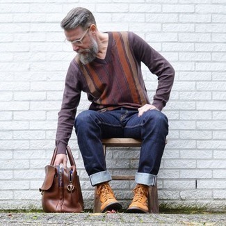 Men's Dark Brown V-neck Sweater, Navy Jeans, Tobacco Leather Casual Boots, Brown Leather Briefcase