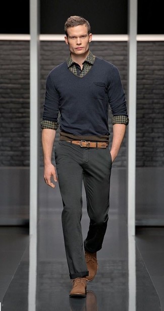 Men's Navy V-neck Sweater, Dark Green Plaid Long Sleeve Shirt, Charcoal Chinos, Brown Suede Desert Boots