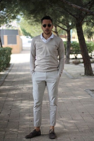 Beige And Off White Spliced V Neck Sweater
