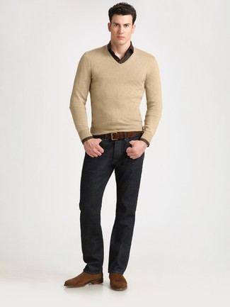 Brown Long Sleeve Shirt Outfits For Men: On days when comfort is a must, this combination of a brown long sleeve shirt and black jeans is always a winner. Bring a dressier twist to this ensemble by rounding off with a pair of brown suede chelsea boots.