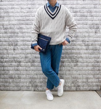 Cable Knit Wool V Neck Sweater