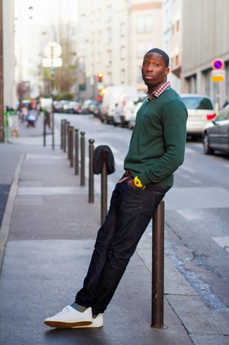 Men's Dark Green V-neck Sweater, White and Red and Navy Gingham Long Sleeve Shirt, Navy Jeans, White Low Top Sneakers