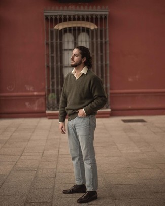 Olive V-neck Sweater Outfits For Men: If the situation permits a relaxed menswear style, rock an olive v-neck sweater with light blue jeans. Slip into a pair of dark brown leather loafers to easily up the fashion factor of any ensemble.