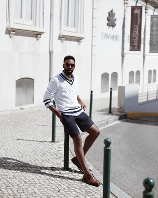 White V-neck Sweater Outfits For Men: Why not consider wearing a white v-neck sweater and navy shorts? As well as very practical, these two pieces look nice when combined together. If you want to instantly rev up this ensemble with one single item, why not complement this outfit with a pair of brown leather derby shoes?