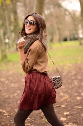 Brown Tights Outfits: A brown v-neck sweater and brown tights married together are an ultra covetable ensemble for girls who appreciate ultra-cool styles.