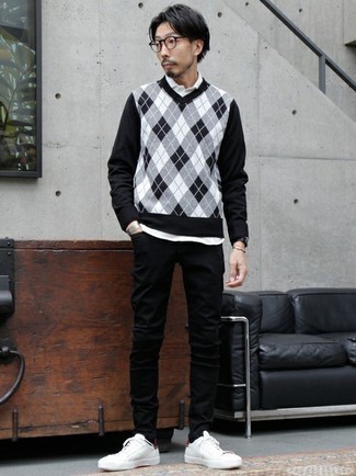 Black V-neck Sweater Outfits For Men: This relaxed casual combo of a black v-neck sweater and black jeans is a fail-safe option when you need to look good in a flash. Add white and red canvas low top sneakers to the equation and ta-da: the ensemble is complete.