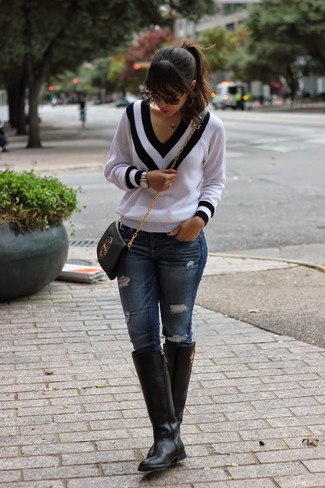 How To Wear Blue Jeans With Black Leather Knee High Boots | Women's Fashion