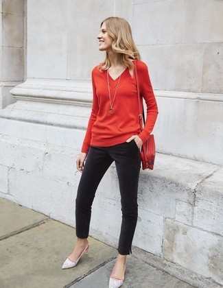 Women's Red V-neck Sweater, Black Skinny Pants, White Leather Pumps, Red Leather Crossbody Bag