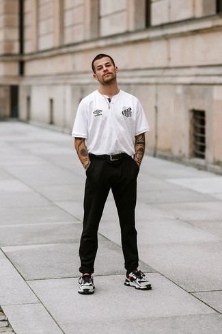Men's White and Black Print V-neck T-shirt, Black Chinos, Grey Athletic Shoes, Black Leather Belt
