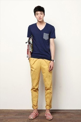 Men's Navy V-neck T-shirt, Yellow Chinos, White and Red Canvas Espadrilles, Multi colored Canvas Zip Pouch