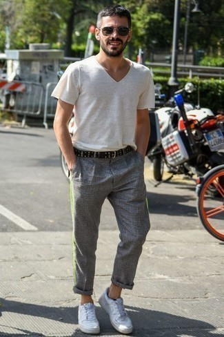 Men's White V-neck T-shirt, Grey Check Chinos, White Leather Low Top Sneakers, Black Studded Leather Belt