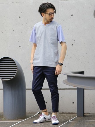 Men's Grey V-neck T-shirt, Navy Chinos, White and Navy Canvas Low Top Sneakers, Clear Sunglasses