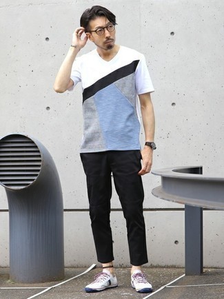 Men's Multi colored V-neck T-shirt, Black Chinos, White and Navy Canvas Low Top Sneakers, Clear Sunglasses