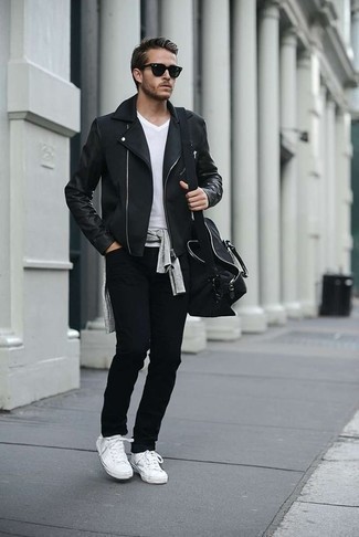 Black Biker Jacket with Crew-neck Sweater Outfits For Men: 