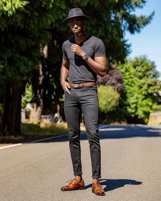 Men's Charcoal V-neck T-shirt, Charcoal Jeans, Tobacco Leather Derby Shoes, Charcoal Wool Hat