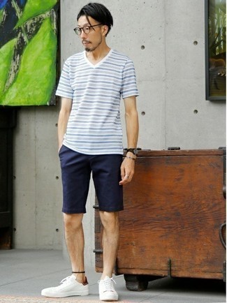 Men's White and Blue Horizontal Striped V-neck T-shirt, Navy Shorts, White Canvas Low Top Sneakers, Clear Sunglasses
