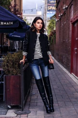 White and Navy Horizontal Striped Crew-neck Sweater Outfits For Women: Why not reach for a white and navy horizontal striped crew-neck sweater and navy skinny jeans? As well as super functional, both pieces look stunning married together. Black leather over the knee boots are guaranteed to infuse an extra dose of style into this outfit.