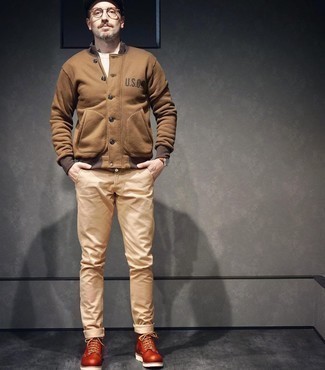 Men's Brown Varsity Jacket, White Crew-neck T-shirt, Khaki Chinos, Tobacco Leather Casual Boots