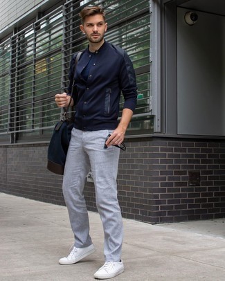 Men's Navy Varsity Jacket, Navy Crew-neck T-shirt, Grey Chinos, White Leather Low Top Sneakers
