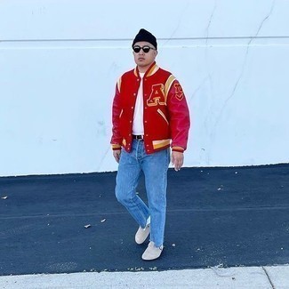 Red and White Varsity Jacket Outfits For Men: Combining a red and white varsity jacket and blue jeans will hallmark your expertise in men's fashion even on weekend days. Up the formality of your outfit a bit by rocking a pair of beige suede loafers.