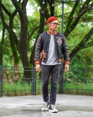 Red Beanie Outfits For Men: Putting together a charcoal varsity jacket with a red beanie is an on-point idea for a casual but sharp outfit. Finishing with a pair of black and white canvas high top sneakers is the simplest way to bring a little depth to your outfit.