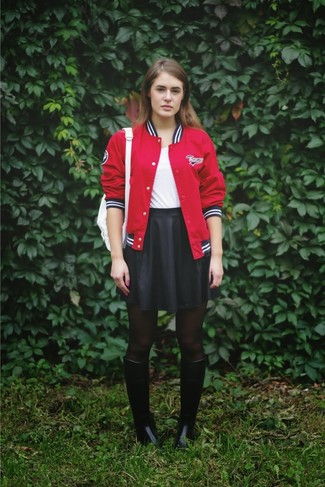 Women's Red Varsity Jacket, White Crew-neck T-shirt, Black Skater Skirt, Black Rain Boots