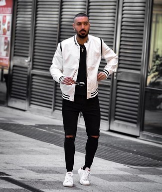 Fortære deres sjækel White and Black Varsity Jacket with Black Skinny Jeans Outfits For Men (2  ideas & outfits) | Lookastic