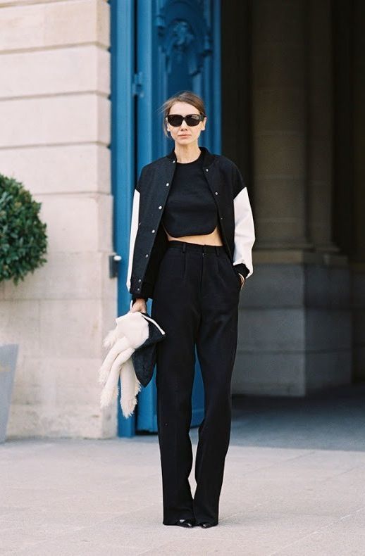 Women's Black and White Varsity Jacket, Black Cropped Top, Black Wide Leg  Pants, Black Leather Pumps