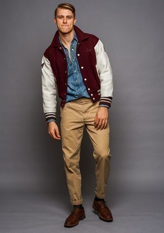 Red and White Varsity Jacket Outfits For Men: Why not rock a red and white varsity jacket with khaki chinos? Both pieces are totally functional and will look great paired together. For something more on the dressier end to complement this ensemble, complement your outfit with brown leather brogues.