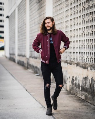 Red and White Varsity Jacket Outfits For Men: This modern casual pairing of a red and white varsity jacket and black ripped jeans is extremely easy to pull together without a second thought, helping you look amazing and prepared for anything without spending too much time digging through your wardrobe. Charcoal suede chelsea boots are an easy way to upgrade this outfit.