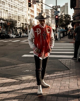 Beige Hat Outfits For Men: This casual combination of a red print varsity jacket and a beige hat is effortless, stylish and super easy to recreate. Why not throw white leather chelsea boots into the mix for a hint of elegance?