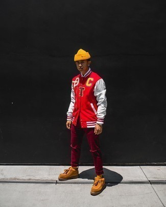 Red Print Varsity Jacket Outfits For Men: Rock a red print varsity jacket with burgundy ripped jeans to achieve new levels in your personal style. Hesitant about how to finish your ensemble? Finish with a pair of tobacco suede desert boots to dial it up.